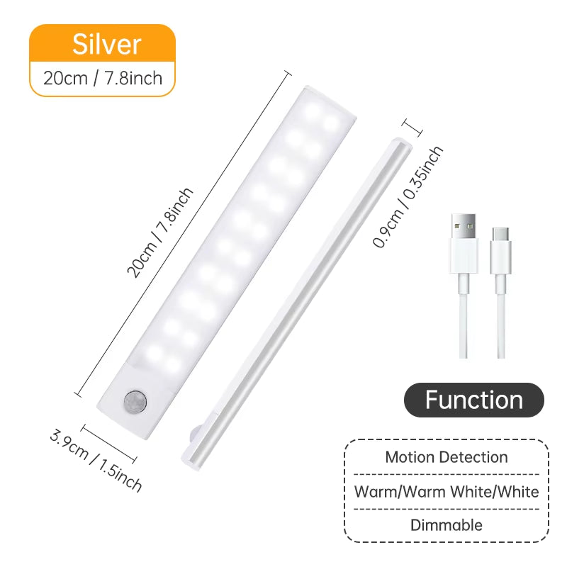 Wireless LED Motion Sensor Night Light - USB Rechargeable Cabinet and Wardrobe Lamp for Kitchen Backlighting