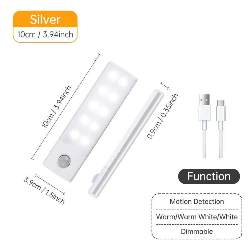 Wireless LED Motion Sensor Night Light - USB Rechargeable Cabinet and Wardrobe Lamp for Kitchen Backlighting