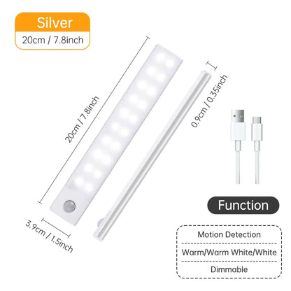 Wireless LED Motion Sensor Night Light - USB Rechargeable Cabinet and Wardrobe Lamp for Kitchen Backlighting